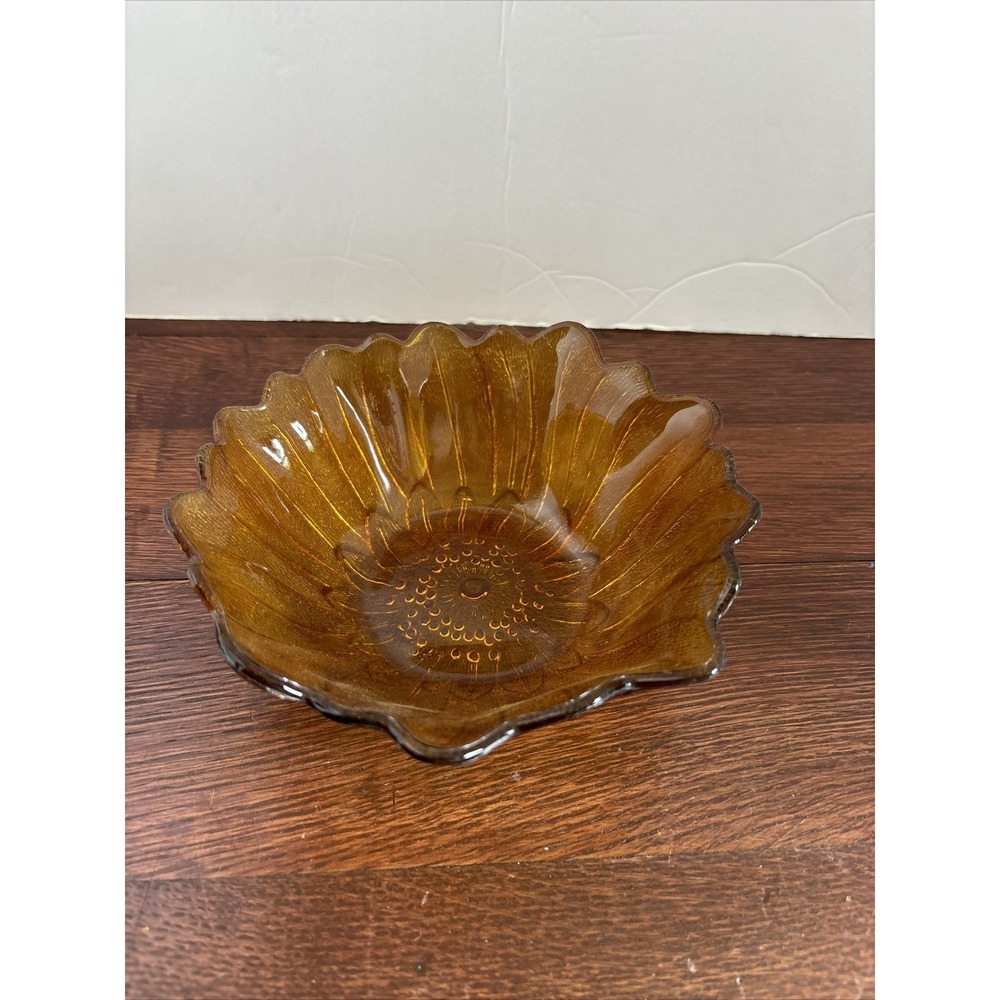 Vintage Indiana Amber Glass Lily Pons Sunflower Bowl Candy Dish 7" x 2.5" EUC
